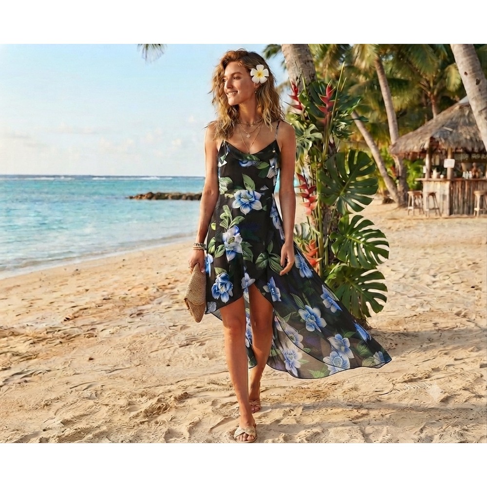 Banana Republic tropical Blue Floral beach High-Low Midi Dress Black‎ sz 4 NEW